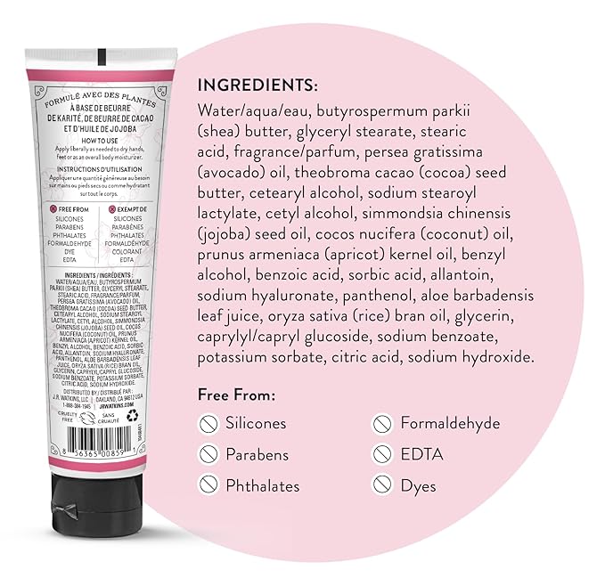 J.R. Watkins Natural Moisturizing Hand Cream, Hydrating Hand Moisturizer with Shea Butter, Cocoa Butter, and Avocado Oil, Cruelty Free, 3.3oz, Cherry Blossom, 3 Pack