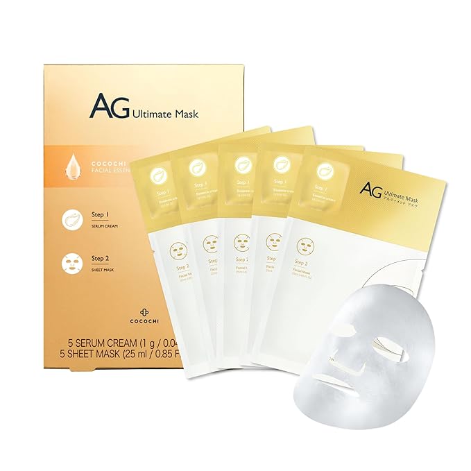 COCOCHI AG Ultimate 2 Steps Facial Mask Pack of 5, Moisturizing Facial Sheet Mask for All Skin Type, Anti-Glycation Face Mask Skincare With Hydrating Essence (exp. May 2026)