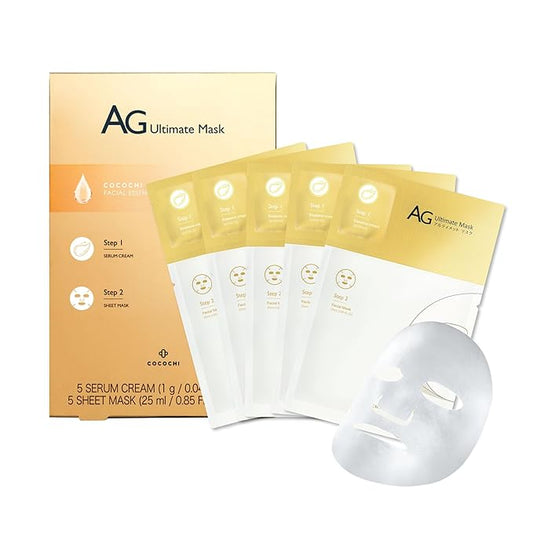 COCOCHI AG Ultimate 2 Steps Facial Mask Pack of 5, Moisturizing Facial Sheet Mask for All Skin Type, Anti-Glycation Face Mask Skincare With Hydrating Essence (exp. May 2026)