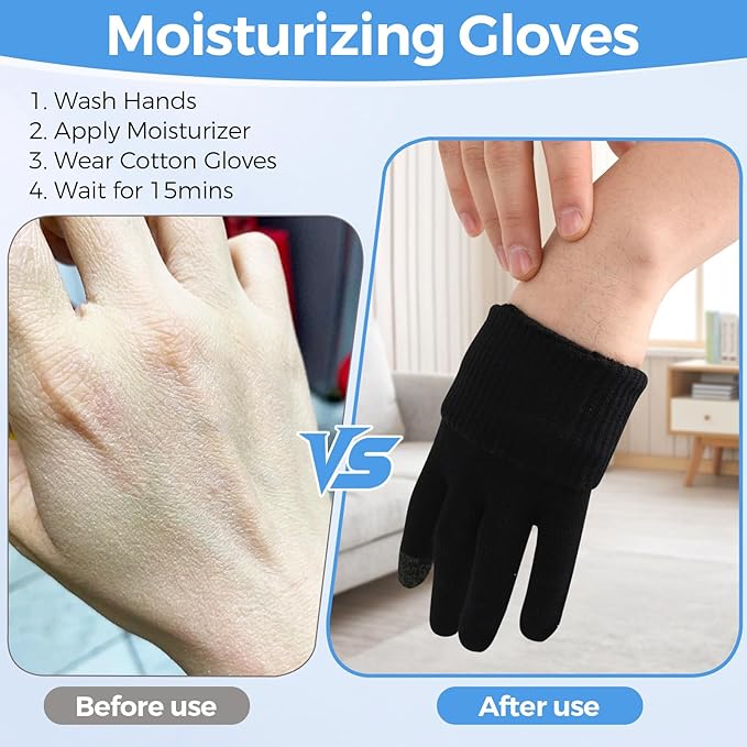 Donfri 2 Pairs Cotton Moisturizing Gloves Men Touchscreen Fingers for Eczema Dry Hands Hand Care Overnight Moisturizing (Medium-Black)