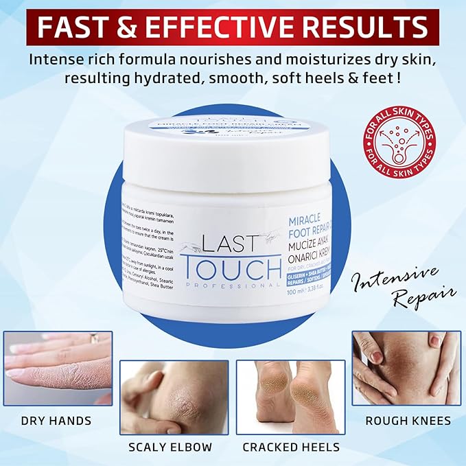 LAST TOUCH Miracle Cracked Repair Foot Care Cream - Foot Cream Dry Cracked Heels - Guaranteed Relief Worn, Cracked, Dry, Callused Feet - Athletes Foot Cream - Soft Smooth Feet 3.38 Fl Oz