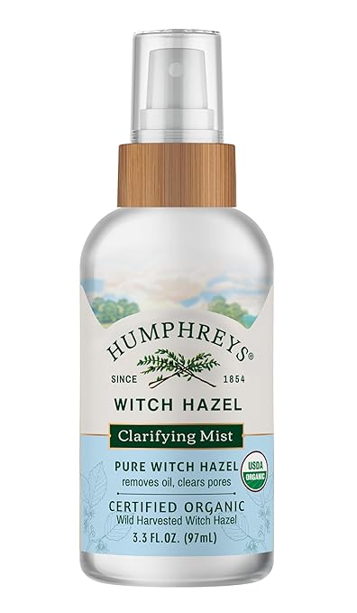 Humphreys Witch Hazel Clarifying Toner Mist Spray | Wild Harvested Witch Hazel | USDA Organic| Travel Size 3.3 Fl Oz | Fragrance Free | Clears Pores & Removes Oil