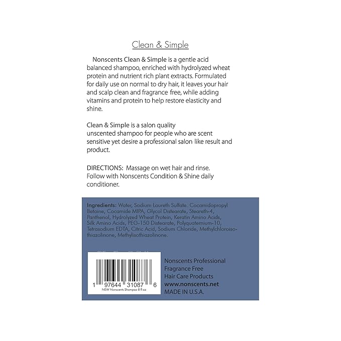 Nonscents Made in USA - Fragrance Free Shampoo - Organic Formula, Hypoallergenic for All Hair Types, Hydrating & Moisturizing Unscented Shampoo for Dry Scalp with Keratin and Silk Amino Acids