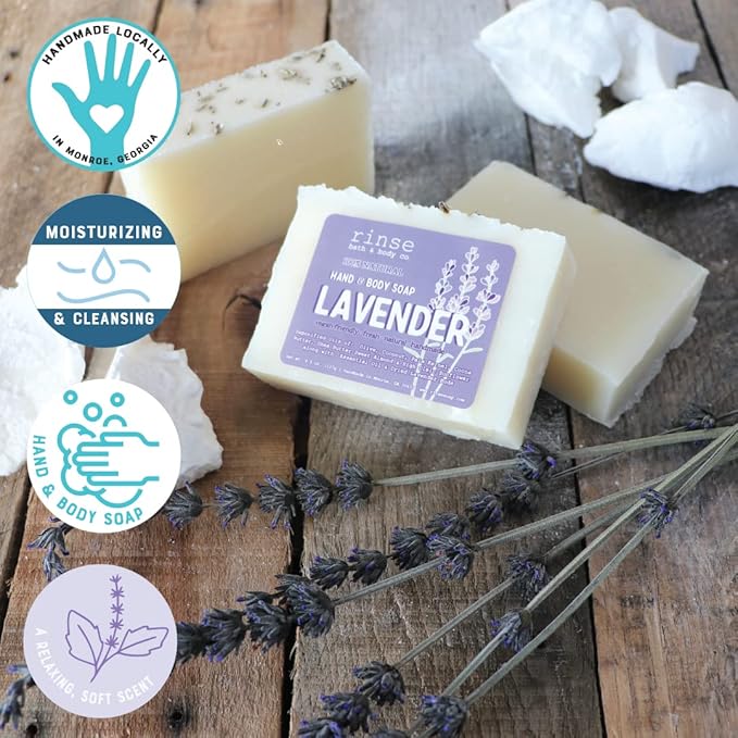 Rinse Bath & Body Lavender Soap - Handmade Castile Soap Lavender Bar | Naturally Moisturizing | Shea & Cocoa Butter | Lavender Essential Oils | Natural Soap | Vegan | Gluten Free | 4.25oz
