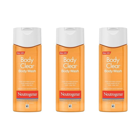 Neutrogena Body Clear Acne Body Wash, 2% Salicylic Acid Acne Medication, Oil-Free & Glycerin for Breakouts on Back, Chest & Shoulders, Non-Comedogenic, Gentle on Skin, Unscented, 8.5 Fl Oz, 3 Pack†