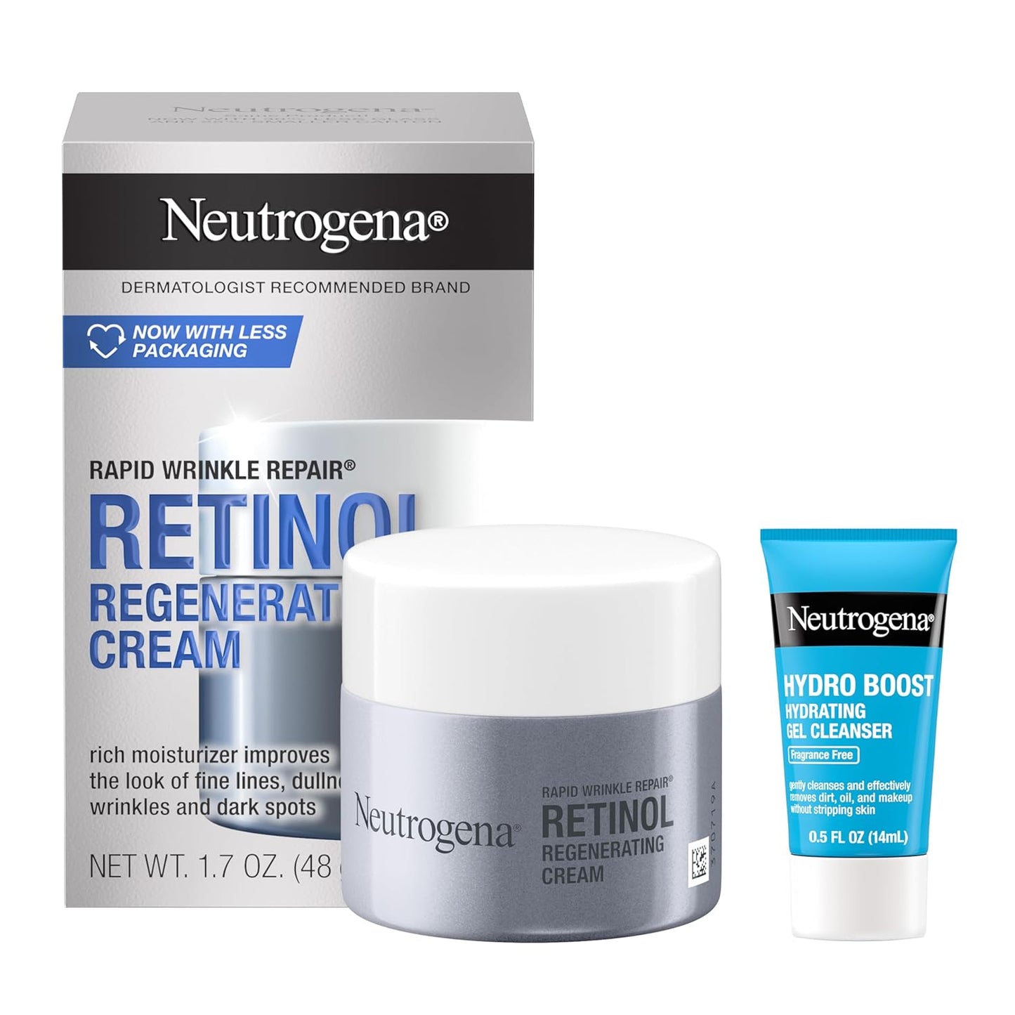 Neutrogena Rapid Wrinkle Repair Retinol Face Moisturizer with Hyaluronic Acid – Anti-Aging Face Cream + Bonus Hydro Boost Facial Cleanser, 1.7 oz + 0.5 oz Set ✨💧