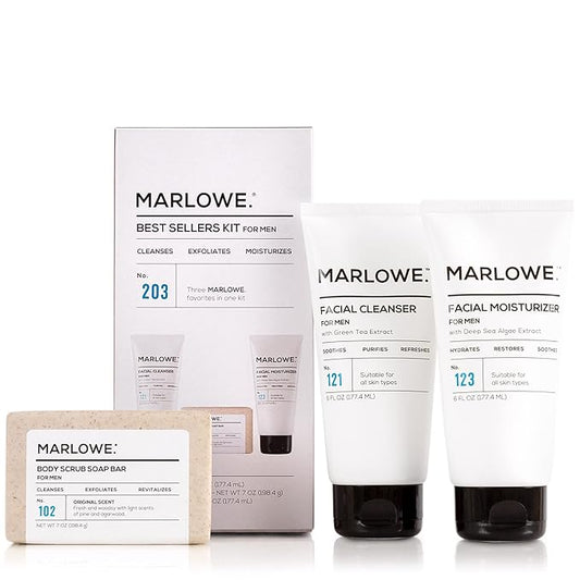 MARLOWE. Best Sellers Kit No. 203, Features Signature No. 102 Original Body Scrub Soap Bar, No. 121 Facial Cleanser & No. 123 Facial Moisturizer, Great Gift for Men