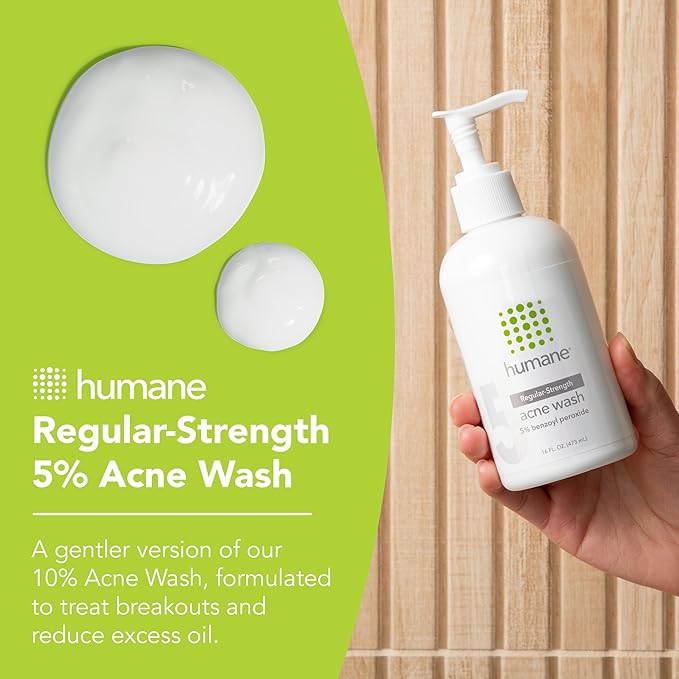 humane Benzoyl Peroxide Acne Face Wash - 5% Regular-Strength Acne Treatment for Face, Skin, Back and Body - 8 Fl Oz - Dermatologist-Tested Non-Foaming Cleanser - Vegan, Cruelty-Free