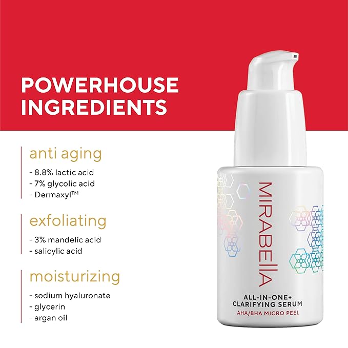 Mirabella All In One Clarifying Serum Micro Peel for Anti Aging - Hydrating 7% Glycolic Acid & 8.8% Lactic Acid Serum Face Peel with AHA BHA Exfoliant, 1 Oz