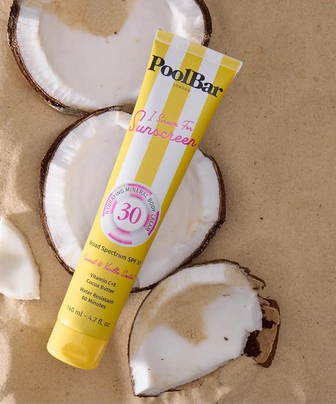 PoolBar SPF 30 Hydrating Mineral Body Sunscreen Cream for Women and Men Skin Care - Coconut Vanilla Scent Sun Care, Vegan and Water Resistant, Broad Spectrum Sunscreen, 140 ml (4.7 Fl. Oz) (Pack of 3)
