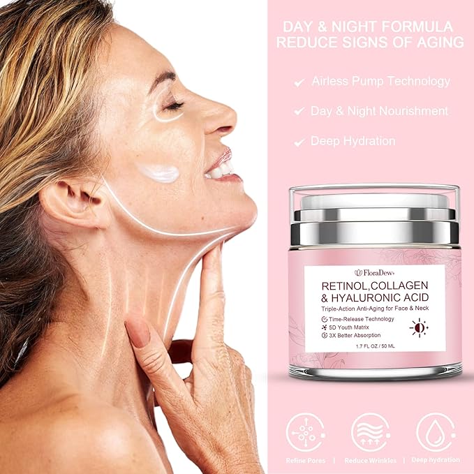Retinol Collagen Hyaluronic Acid Anti-Aging Wrinkle Cream for Face & Neck Moisturizer Face Cream for Women 1.7 FL OZ