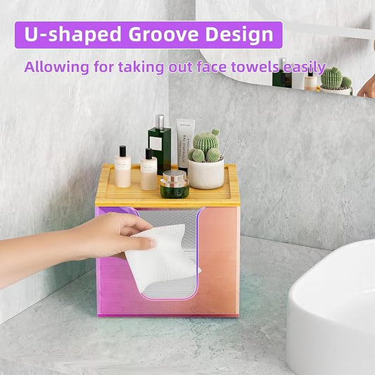 VITVITI Disposable Face Towel Holder Box, Acrylic Facial Towel Container for XL Clean Skin Club, Large Disposable Face Towels Storage with Bamboo Lid, for Bathroom, Vanity Makeup, Rainbow