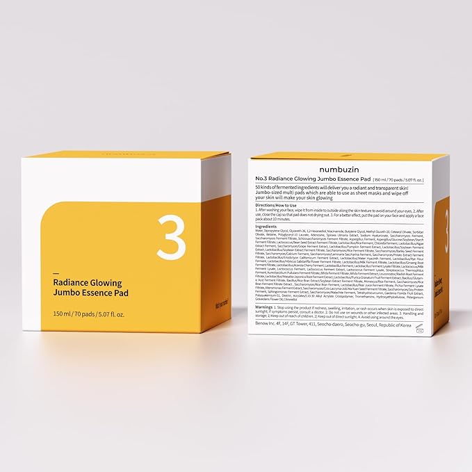 numbuzin No.3 Toner Pads | Radiance Glowing Jumbo Essence Pad | Clear Glass Skin, Texture Care | Biodegradable Vegan, Fermented Ingredients, Niacinamide | 70 Pads/5.07 fl. oz.