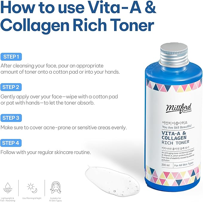 Vita A & Collagen Rich Toner 6.76 Oz, 200ml, Fish/Marine Collagen, Slow-Aging Moisturizing Toner, Vitamin A Retinol, Wrinkles, Fine Lines, Anti-Aging, Retinyl Palmitate, Korean Skincare