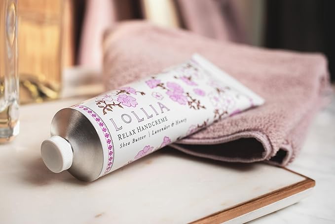 LOLLIA Relax Handcreme Bundle, 4 oz. & .33 oz. – Lavender & Honey – Scented Hand Cream for Women, Moisturizing Hand Lotion for Dry Hands, Shea & Cocoa Butter, Quick Absorbing Lotion, Travel Lotion