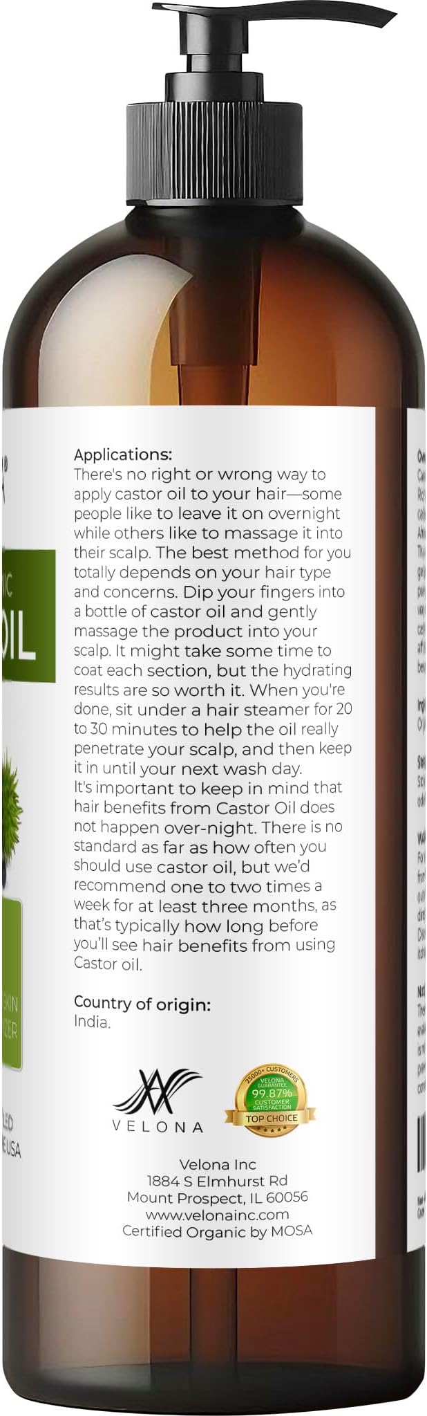 velona USDA Certified Organic Castor Oil - 16 fl oz (With Pump) | For Hair Growth, Boost Eyelashes, Eyebrows | Cold pressed, Natural Oil, USP Grade | Hexane Free, Lash Serum, Caster