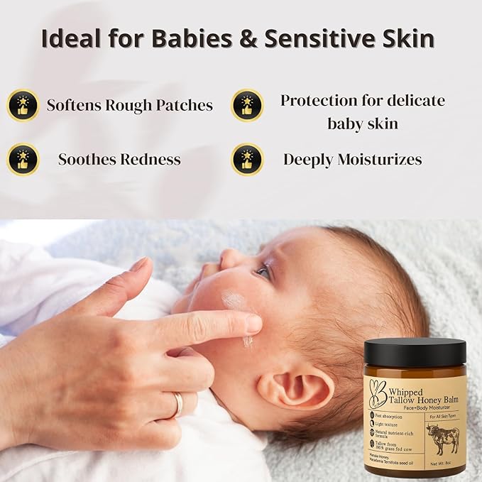 Beef Tallow for Skin- Tallow Balm for face- Tallow Face Moisturizer - Beef Tallow Moisturizer- Tallow and Honey Balm - Grass Fed Beef Tallow For Skin - Tallow Face Cream Lotion (8.0 oz)