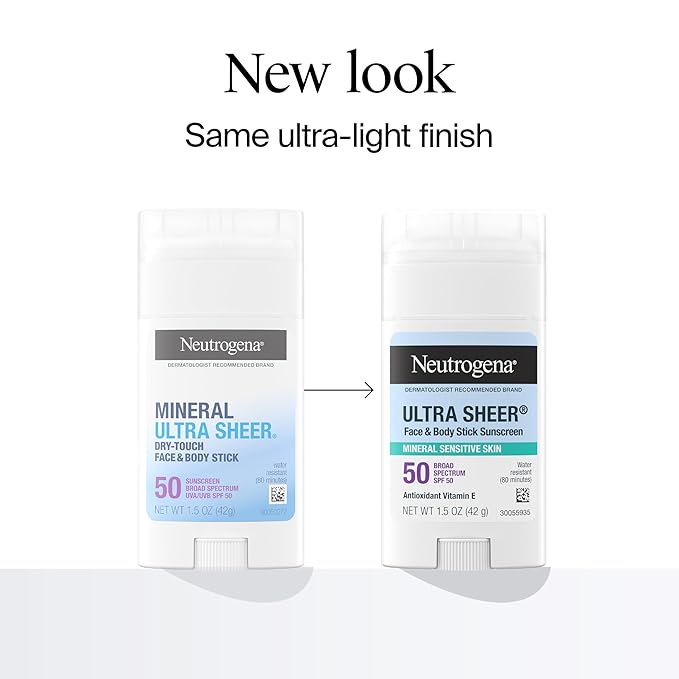 Neutrogena Ultra Sheer Dry Touch SPF 50 Mineral Sunscreen Stick for Sensitive Skin, Zinc Oxide, Body & Face Sunscreen with Vitamin E, No White Residue & Vegan, 1.5 oz