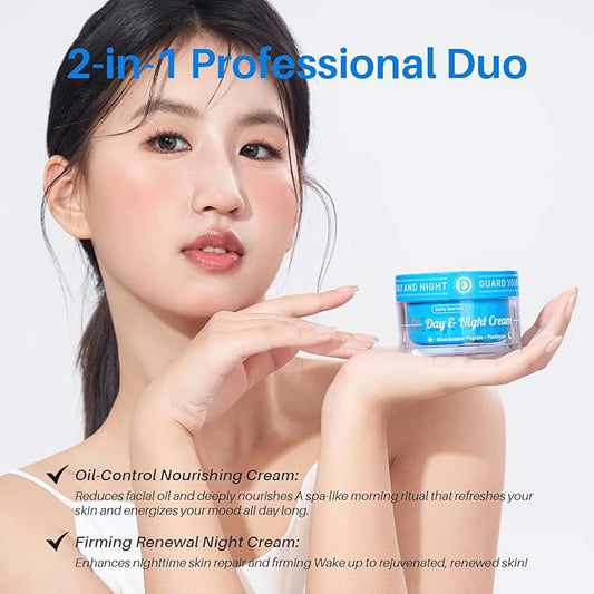 Day/Night Cream Set, Oil-Control Hydro Boost Day Gel with Blue Copper Peptide, Plumping Firming Renewal Night Cream with Panthenol, 2 in 1 Anti-aging Duo for All Skin, 2 * 1.7 Oz
