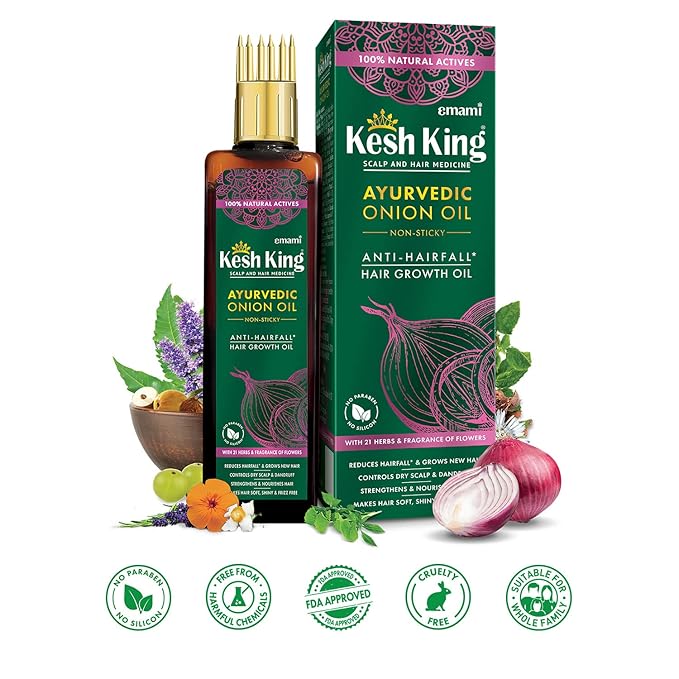 KESH KING Organic Onion Hair Oil with Curry Leaves | Anti Hair Loss & Fall Control Oil | Enhance Hair Growth | Makes Hair Soft, Shiny & Frizz-Free | 6.76 Fl Oz (200ml)