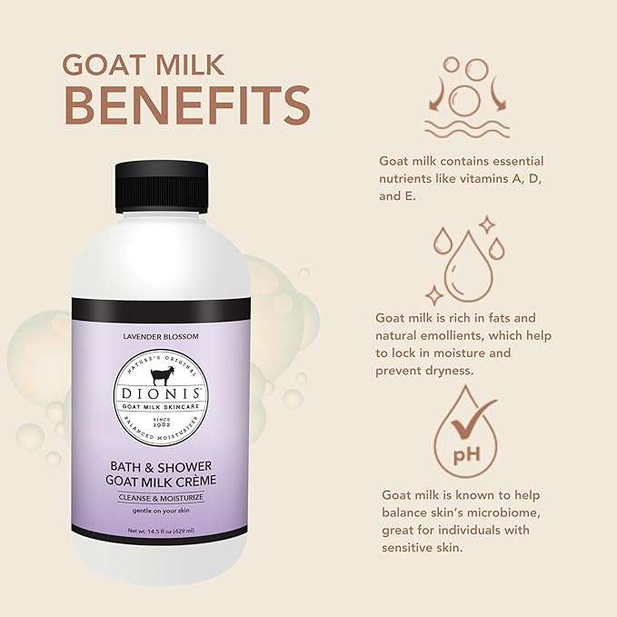Dionis Goat Milk Skincare Lavender Blossom Bath Soap & Liquid Shower Crème, Skin Moisturizer & Hydrating Body Wash Made in The USA, Cruelty Free Shower Gel For Sensitive Skin, 14.5 oz Bottle