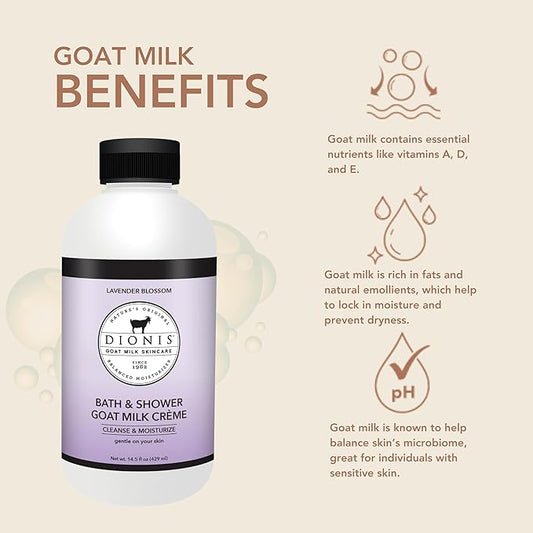 Dionis Goat Milk Skincare Lavender Blossom Bath Soap & Liquid Shower Crème, Skin Moisturizer & Hydrating Body Wash Made in The USA, Cruelty Free Shower Gel For Sensitive Skin, 14.5 oz Bottle