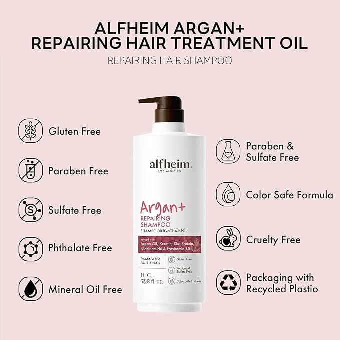 ALFHEIM Argan+ Repairing Shampoo | Argan Oil & Hydrolyzed Keratin for Deep Hydrating & Strengthening | Sulfate-Free for Dry, Damaged ＆ Fragile Hair | Reduce Breakage and Frizz | 33.8 fl oz