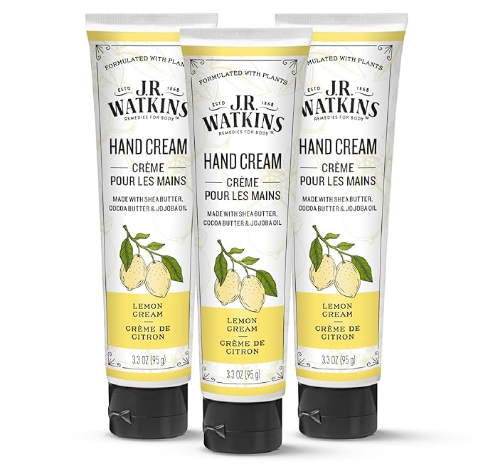 J.R. Watkins Natural Moisturizing Hand Cream, Hydrating Hand Moisturizer with Shea Butter, Cocoa Butter, and Avocado Oil, Cruelty Free, 3.3oz, Lemon Cream, 3 Pack