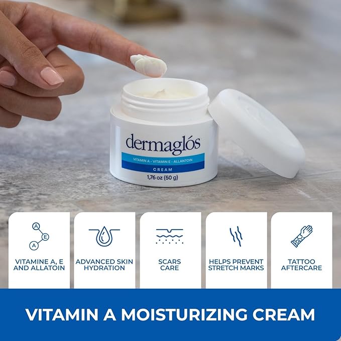 Dermaglos Moisturizing Cream | Vitamin A (Retinoids), Vitamin E & Allantoin | Rich Moisturizer for Wrinkles, Stretch Mark Prevention, Tattoo Aftercare, Scar cream, Hydration for Smooth Skin | 1,76 oz