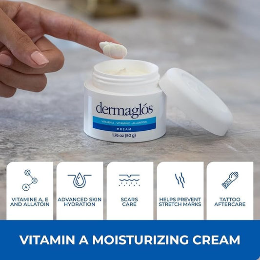 Dermaglos Moisturizing Cream | Vitamin A (Retinoids), Vitamin E & Allantoin | Rich Moisturizer for Wrinkles, Stretch Mark Prevention, Tattoo Aftercare, Scar cream, Hydration for Smooth Skin | 1,76 oz