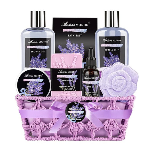 Spa Gift Basket Set, Lavender Home Spa Gifts for Women With Shower Gel, Bubble Bath, Body Butter, Bath Salt, Bomb, Oil, Soap - Gift Idea for Mother, Girlfriend, Wife