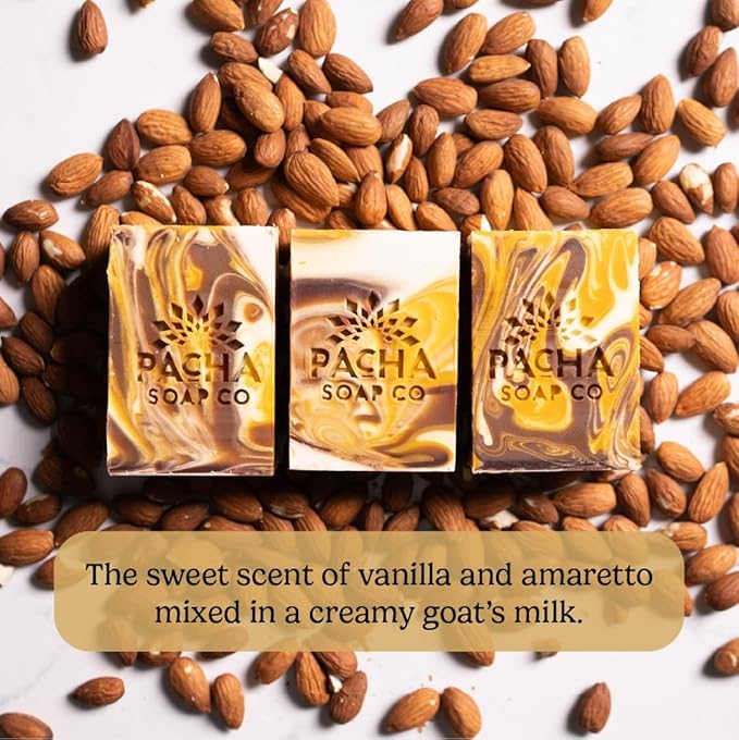 Pacha Soap Co. Bar Soap - Premium, Handcrafted, Hydrating, Natural Face Wash, Hand Cleanser, Body Wash, Soothing Essential Oils (Almond Goat's Milk, 5-Pack, 4 oz ea)