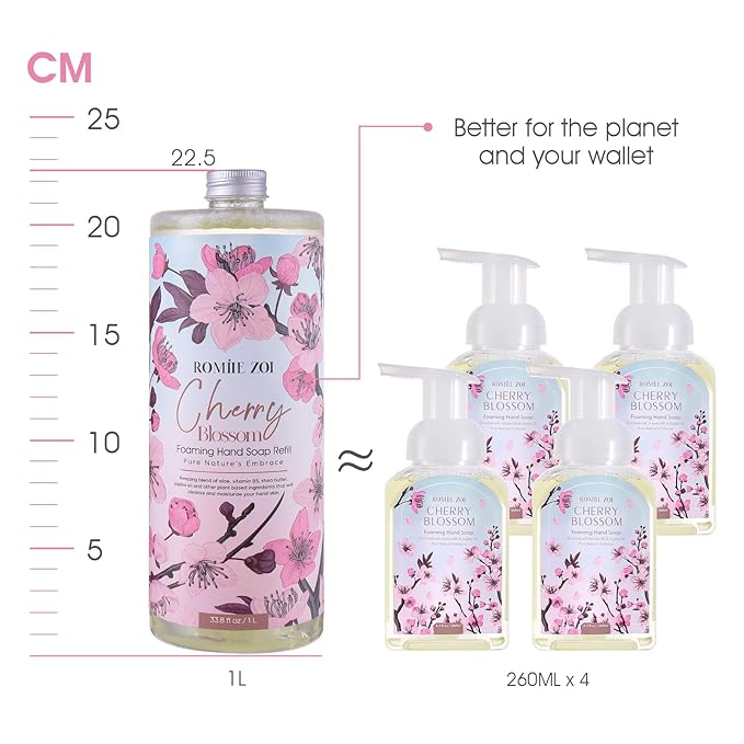 Cherry Blossom Foaming Hand Soap Refill Gift Set – 3 Pack*33.8 Fl Oz with Refillable Dispenser, Refreshing Floral Scent, Moisturizing & Chemical-Free for Bathroom, Kitchen, Sensitive Skin