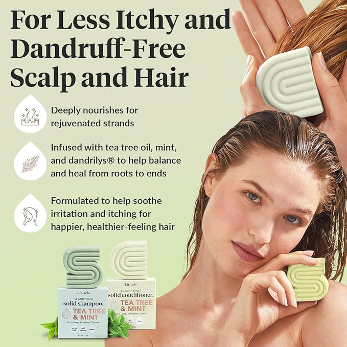 Kitsch Tea Tree Shampoo and Conditioner Set – Anti Dandruff Shampoo Bar & Conditioner Bar - Hair Care for All Hair Types - Free of Paraben, Sulfate & Silicone - Made in USA - 2 pcs