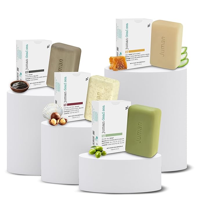 JUMAN Dead Sea Minerals Soap Bar | Variety Pack | Enriched in Vitamin E | Infused with Plant Extracts | SLS & Paraben Free | Soap for Acne, Dark spots, Eczema & Blackheads | From 4oz (Pack of 4)