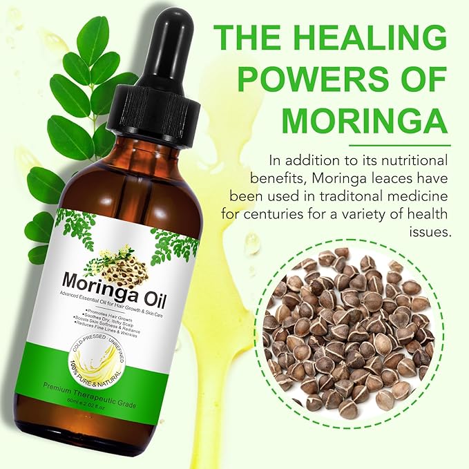 2Pack Moringa Oil 2.02 fl.oz, Pure Natural Organic Cold-Pressed Glass Bottle Moringa Oil for Hair Growth, Moringa Seed Oil for Face, Skin & Body Care, Anti-Aging, Nourish Hair, Scalp & Body Massage