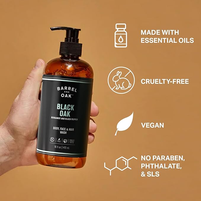 Barrel & Oak All-in-One Wash for Face, Hair, & Body, Vegan & Hydrating Face, Shampoo and Body Wash for Men, Grooming Kit Gifts for Men, Black Oak, 16 oz