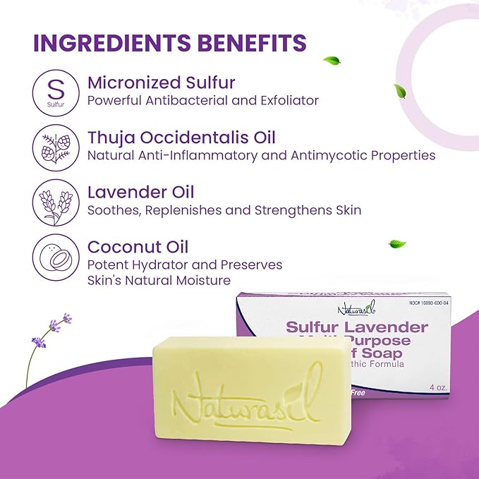 Naturasil 10% Sulfur Lavender Soap Treatment Natural Relief for Acne, Bug Bites, Warts, Mites, Eczema, Itching, Discomfort | for Kids & Adults: Face & Body Soap | 4oz Bars (2)