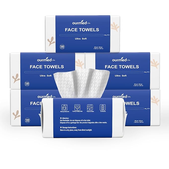 Ourmed Life Face Towels, Disposable Biodegradable Clean Facial Wash Cloth for Sensitive Skin, Lint- free Facial Towels for Cleansing, Skincare and Makeup Remover, Dry Wipes, 600 Count