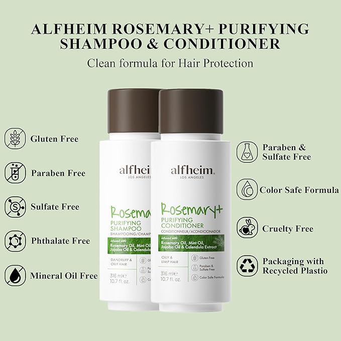 Alfheim Rosemary+ Purifying Shampoo & Conditioner Set | Rosemary & Peppermint Oil for Scalp Refresh & Oil Control | Jojoba & Calendula for Hydration & Shine | Sulfate-Free, Color-Safe | 10.7 oz Each