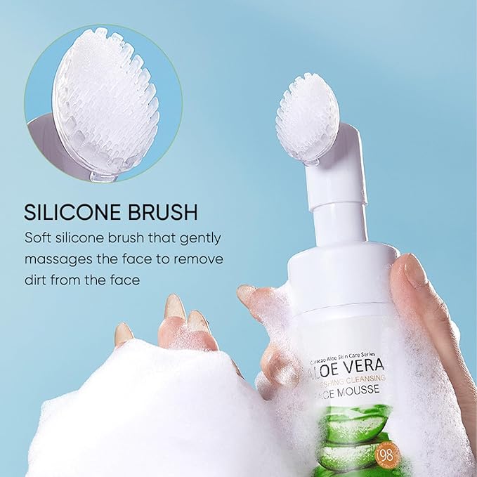 Aloe Vera Foaming Face Wash - Organic Facial Cleanser with Silicone Brush, Natural Face Wash for Women/Girls Clean Oil & Makeup, Soothing Skin, Foaming Cleanser Hydration for Sensitive Skin