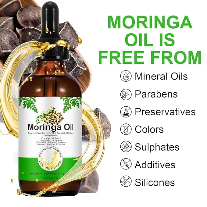 2Pack Moringa Oil 2.02 fl.oz, Pure Natural Organic Cold-Pressed Glass Bottle Moringa Oil for Hair Growth, Moringa Seed Oil for Face, Skin & Body Care, Anti-Aging, Nourish Hair, Scalp & Body Massage