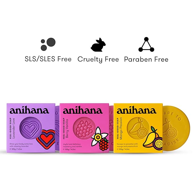 ANIHANA Feel-Good Soap Variety 3 Pack with Coconut Oil and Shea Butter, Gentle Cleansing, Paraben Free, Cruelty Free, Berry, Mango, and Lavender Scent, 4.2 oz each