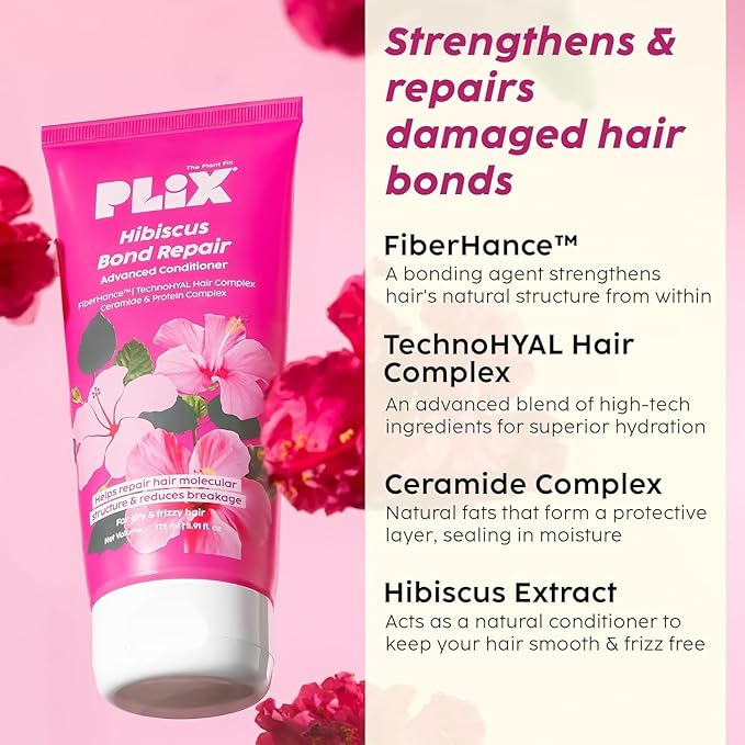 PLI.X - THE PLANT FIX Hibiscus Frizz Control Hair Serum 50ml + Bond Repair Shampoo 200ml + Conditioner 175ml | Protects & Smoothes Frizzy Hair| 3x Strength with Fiberhance