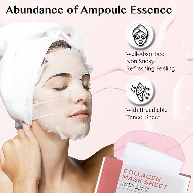Lamelin Collagen Niacinamide Sheet Mask, 10 Pack, Sea Water Anti Aging Skin Elasticity Hydrating Made In Korea