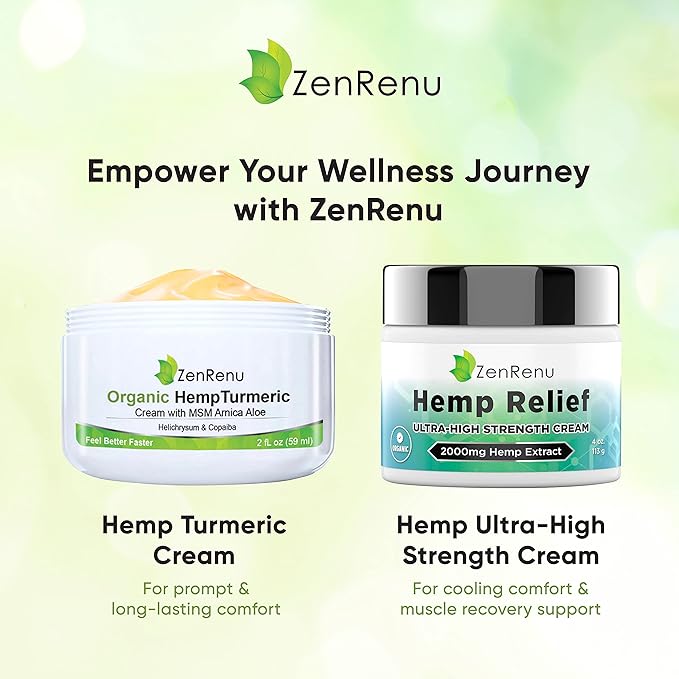 Zenrenu Organic Hemp Turmeric Joints & Muscle Cream with Arnica, MSM, Hemp Oil Extract, & 7 Essential Oils - Non Greasy & Fast Absorbing for Back, Neck, Elbows, Knees, & Hip 2 oz