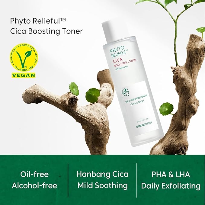 THANKYOU FARMER Phyto Relieful CICA PHA LHA Boosting Toner 7.03 fl oz (200ml), Dermatologist Tested, Alcohol-Free Liquid Exfoliant for Face, Oil-Free Hydrating Toner, Vegan, Fragrance-Free