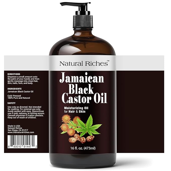 Natural Riches Jamaican Black Castor Oil Glass Bottle Pure Organic Cold Pressed for Hair Growth Skin Care for Dry Skin Conditioning Eyebrows Eyelashes Scalp and Nail Moisturizes & Repairs 16fl.oz.