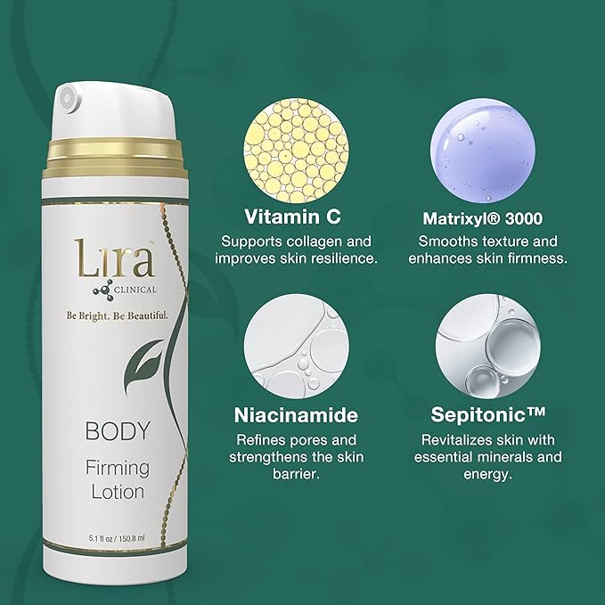Lira Clinical BODY Firming Lotion - Niacinamide & Caffeine Moisturizing Cream with Green Tea & Sweet Almond Extract - Daily Skin Tightening Solution for Women for Firm and Smoother Skin - 4 Fl Oz