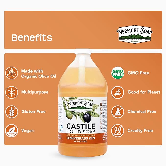 Vermont Castile Lemongrass Zen Soap, Gentle Liquid Soap for Sensitive Skin & Natural Body Wash, Organic Hair Shampoo for Oily Hair, Aloe Castile Soap for Men & Women - 64 Oz